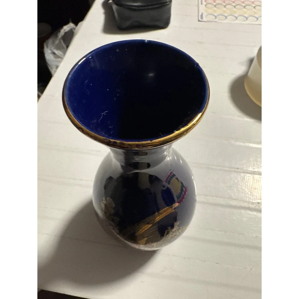 Unbranded Bud Vase Home Small Cobalt Blue  Pheasant Floral Gold Trim Japanese‎